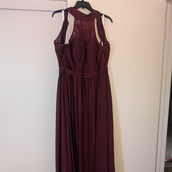 Wine Lace/Chiffon Halter long Azazie bridesmaid gown size A10 - Picture 2 of 4